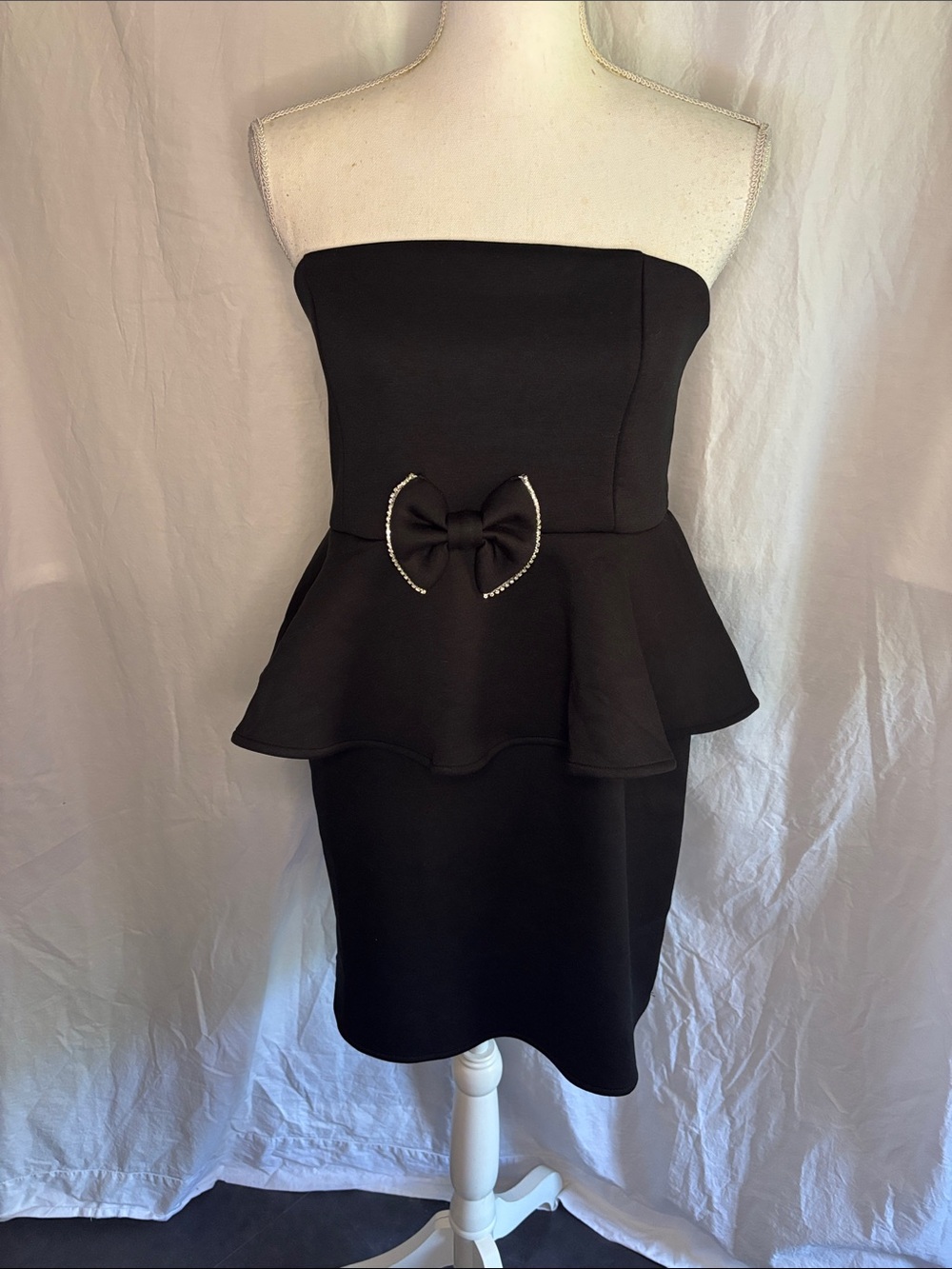 VENUS Strapless Peplum Little Black Dress with Bow and Rhinestone Trim
